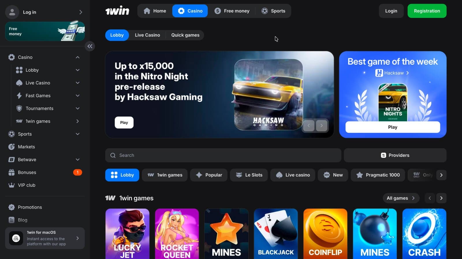 Página do 1win Casino com cassino ao vivo e slots