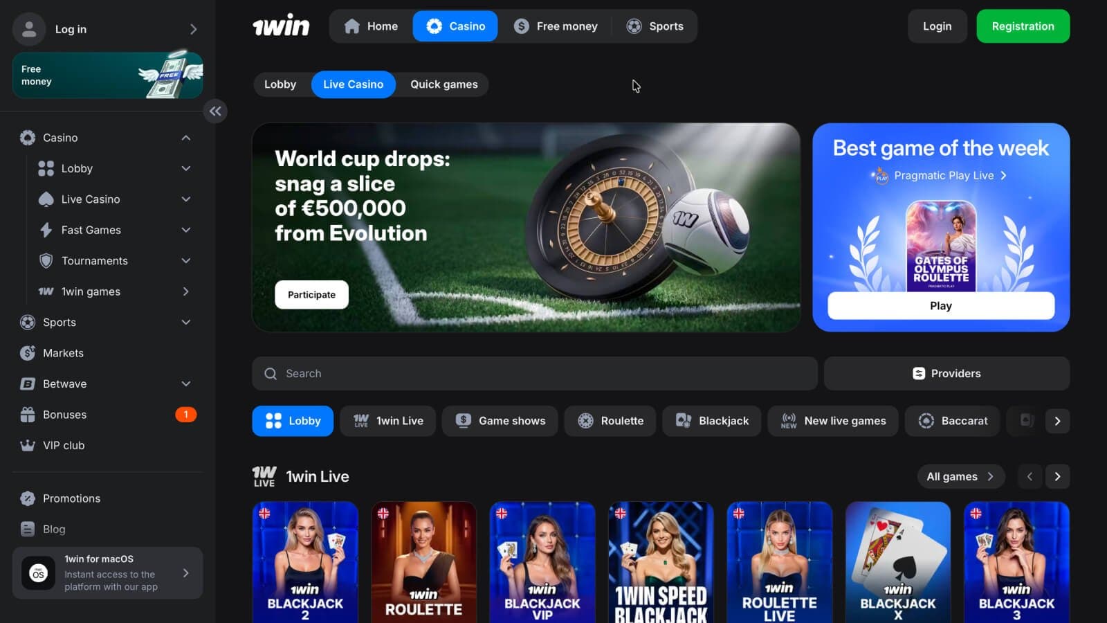 Seção de cassino ao vivo com blackjack, roleta e Crazy Time