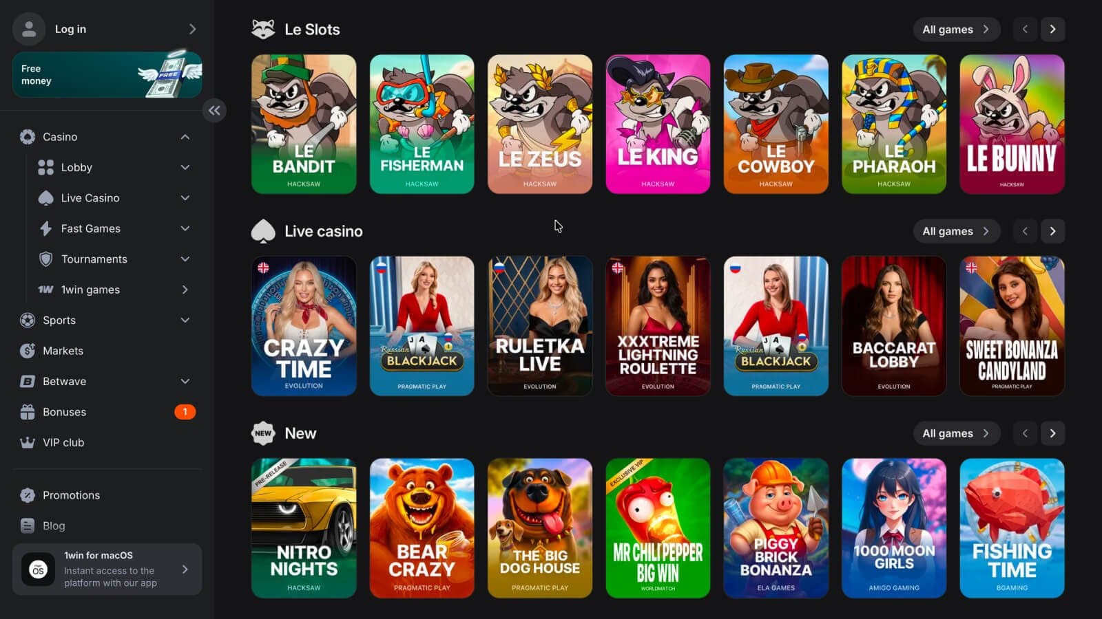 Slots, cassino ao vivo e novidades disponíveis no 1win Casino