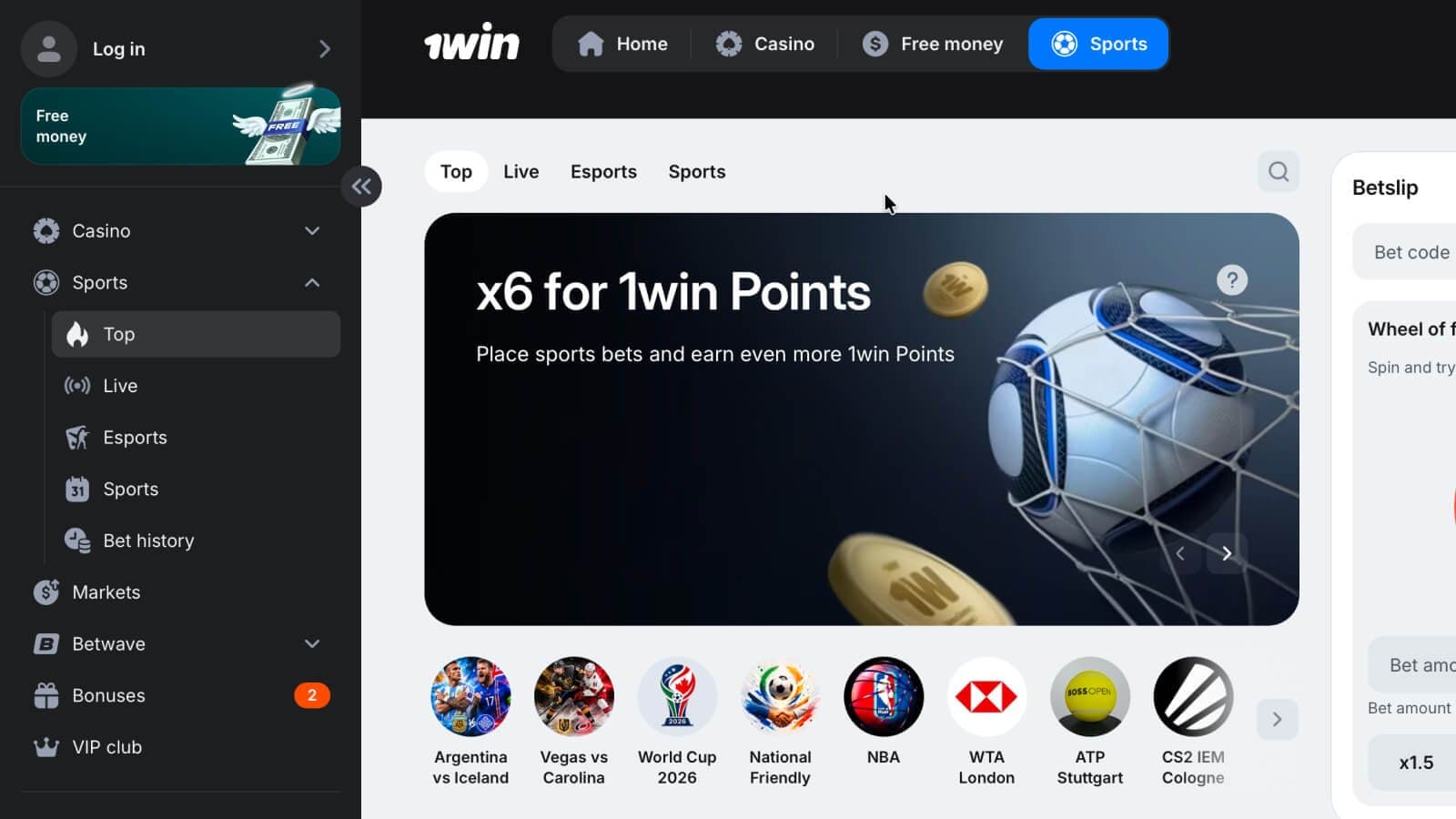 1win Sport top betting page with featured events and sportsbook