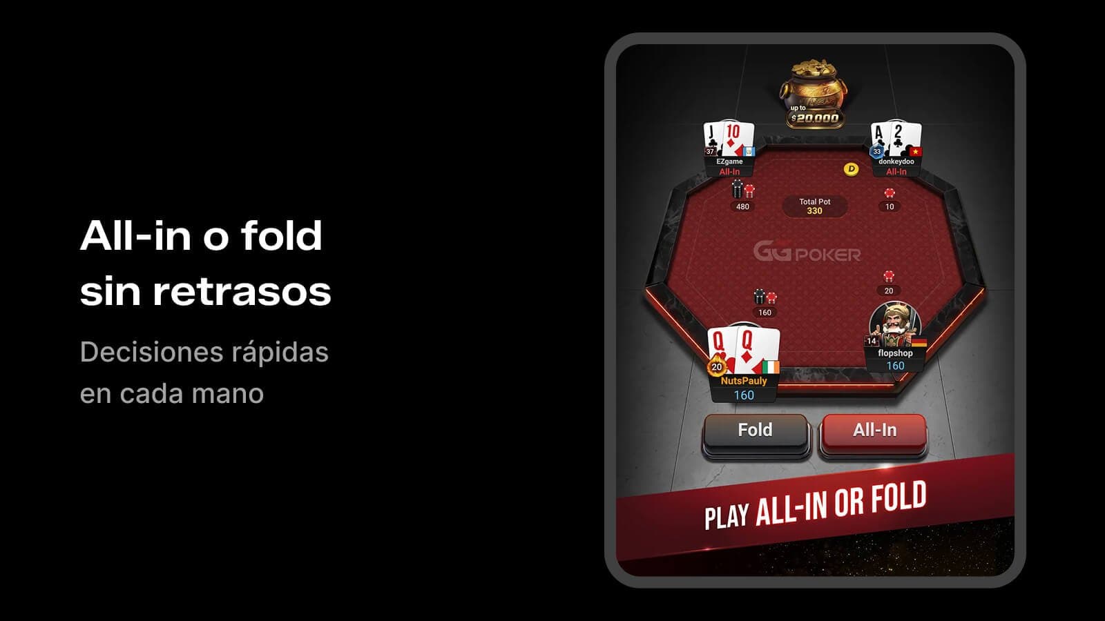 Mesa All-in o Fold de GGPoker con acción rápida