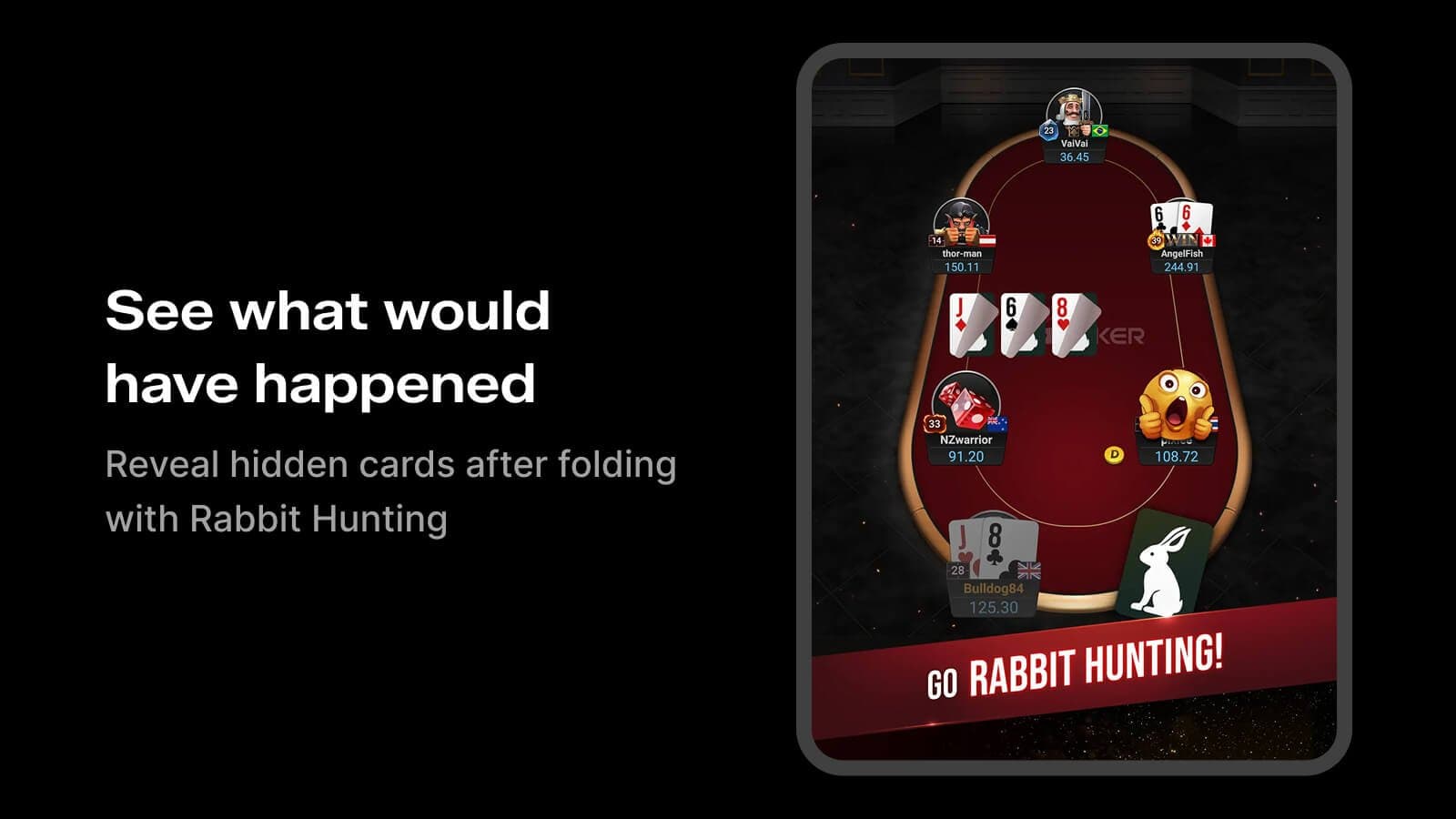 GGPoker rabbit hunting feature showing hidden cards