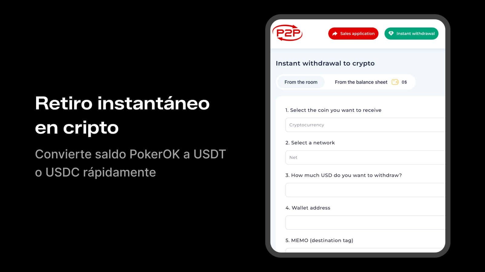 Página de retiro instantáneo de PokerOK a criptomonedas