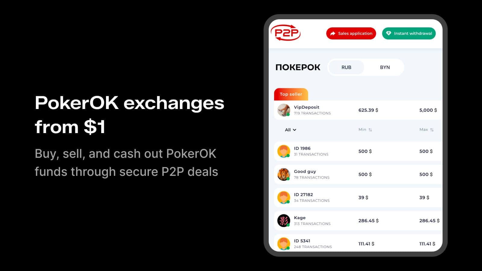 P2Pobmen PokerOK exchange marketplace homepage