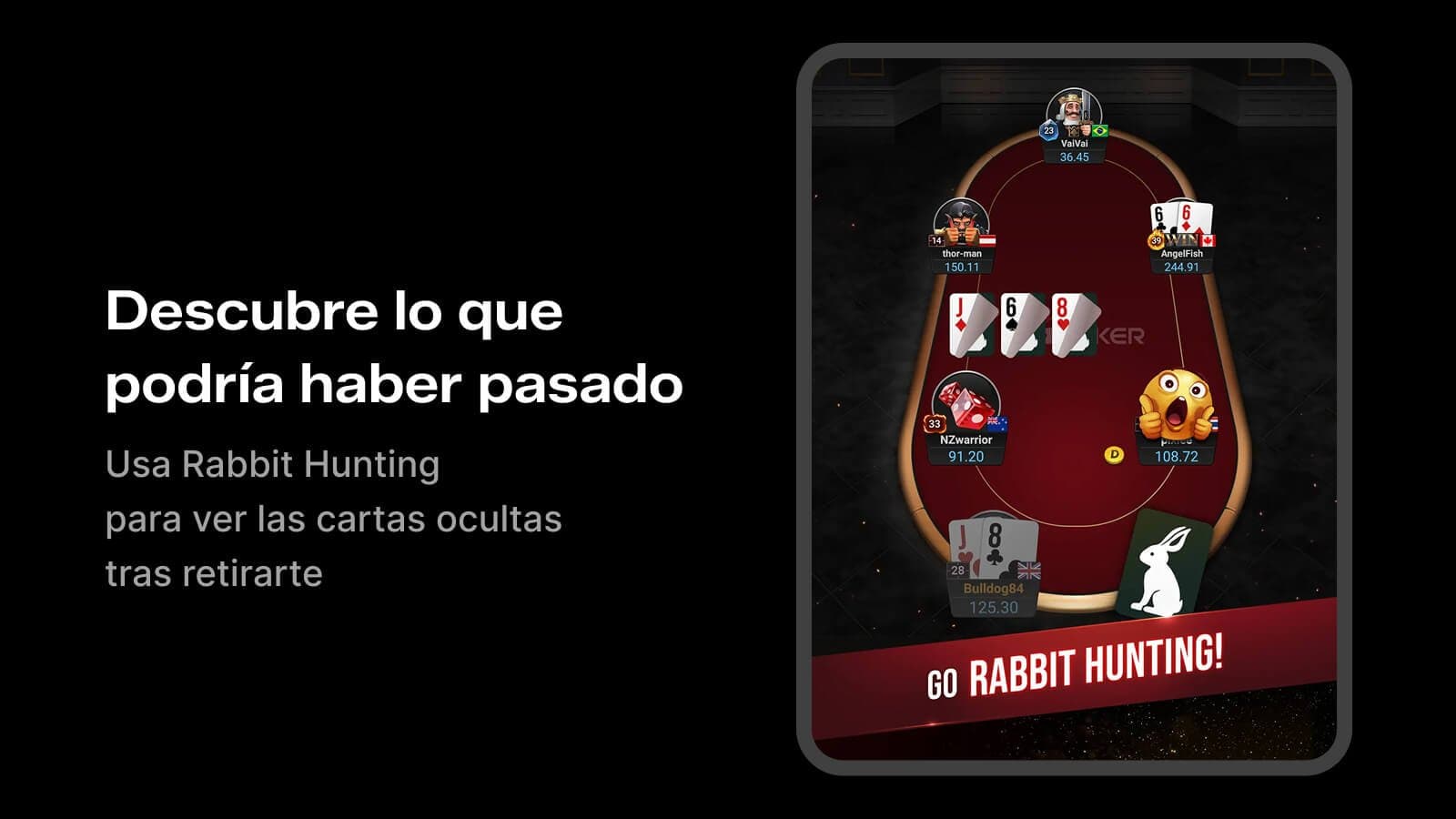 Rabbit Hunting de PokerOK mostrando cartas ocultas