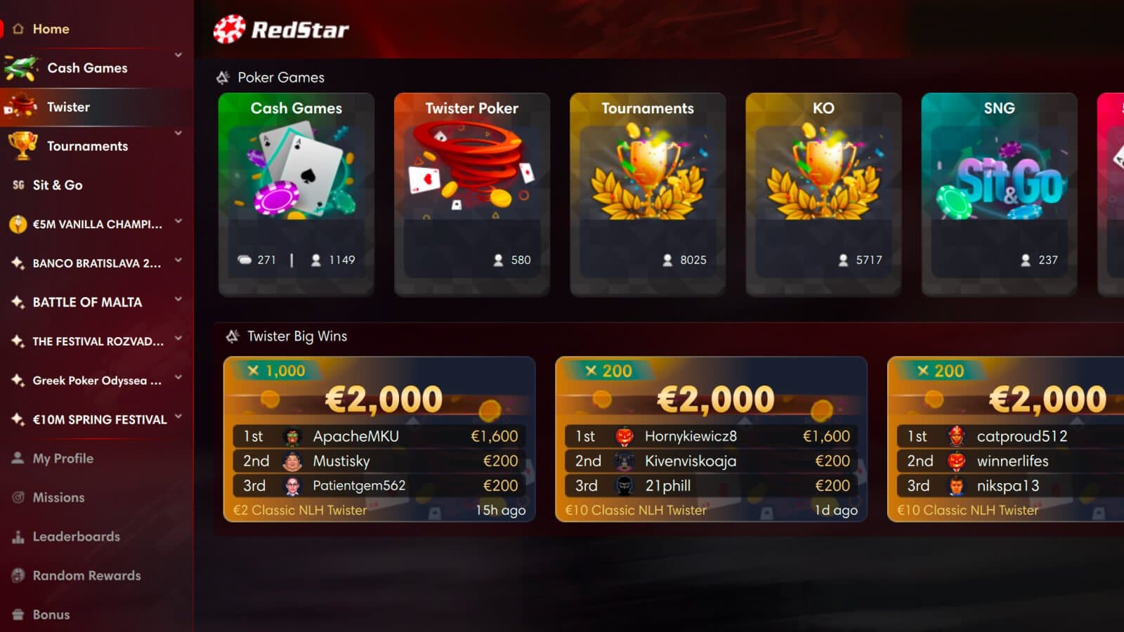 RedStar Poker lobby with tournaments and cash games
